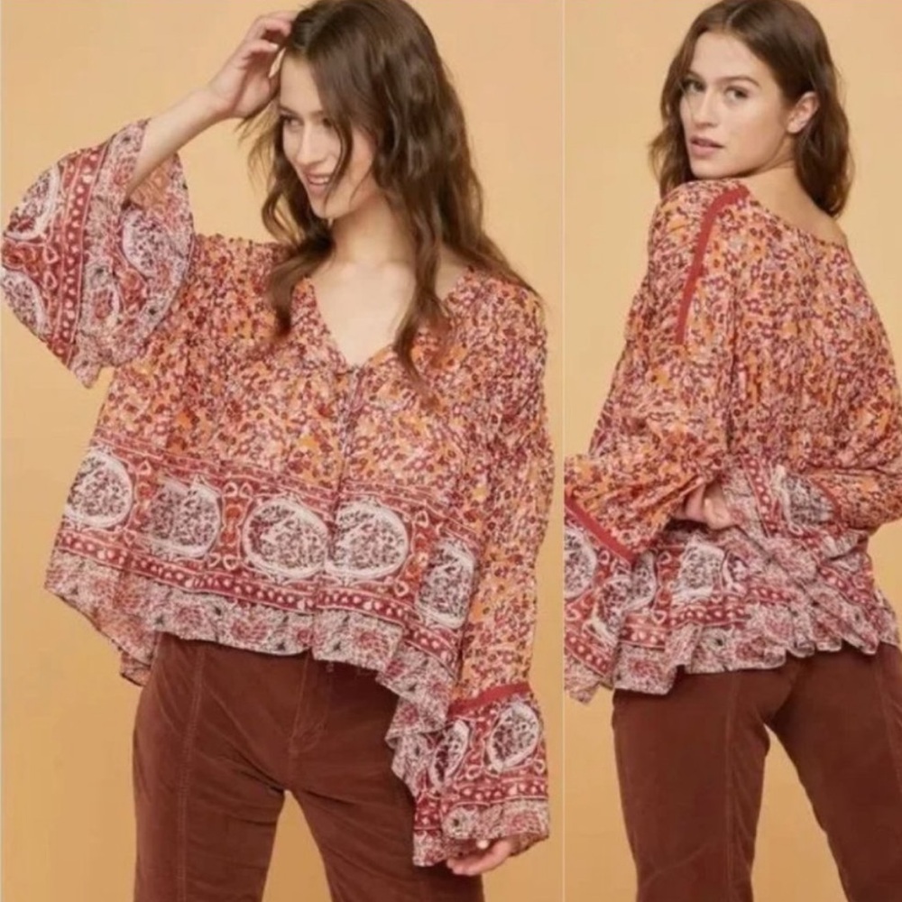 FREE PEOPLE Lorraine Printed Tie Front Kimono Top Blouse